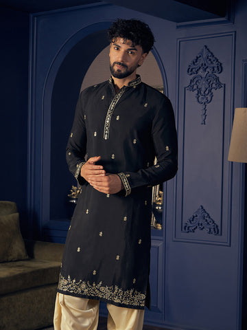 Midnight Black Embroidered Silk Kurta for Men