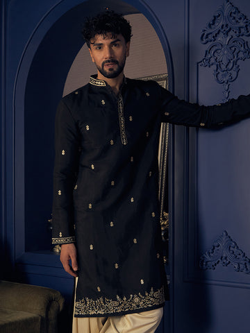 Midnight Black Embroidered Silk Kurta for Men