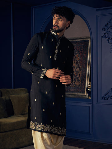 Midnight Black Embroidered Silk Kurta for Men