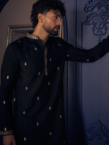 Midnight Black Embroidered Silk Kurta for Men
