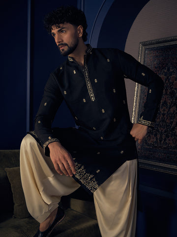 Midnight Black Embroidered Silk Kurta for Men