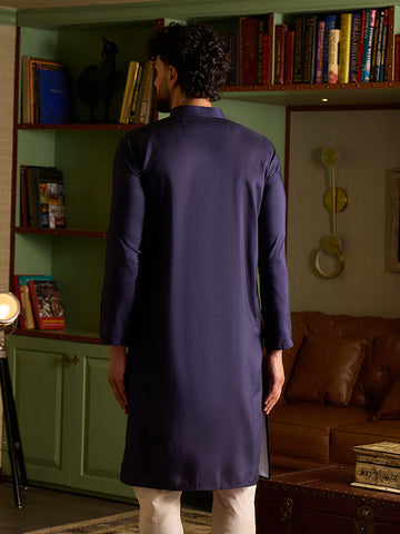 Men's Navy Blue Cotton Kurta with Gold Palm Tree Print