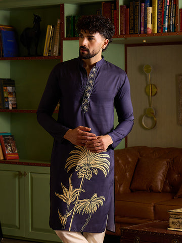 Men's Navy Blue Cotton Kurta with Gold Palm Tree Print