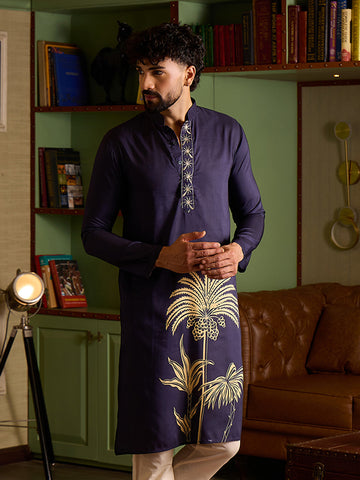 Men's Navy Blue Cotton Kurta with Gold Palm Tree Print