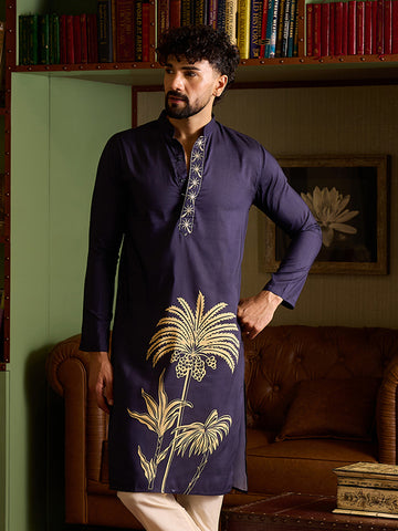 Men's Navy Blue Cotton Kurta with Gold Palm Tree Print