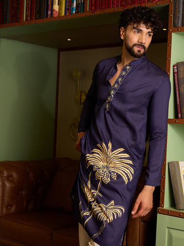 Men's Navy Blue Cotton Kurta with Gold Palm Tree Print