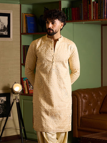 Men's Beige Self-Embroidered Festive Kurta
