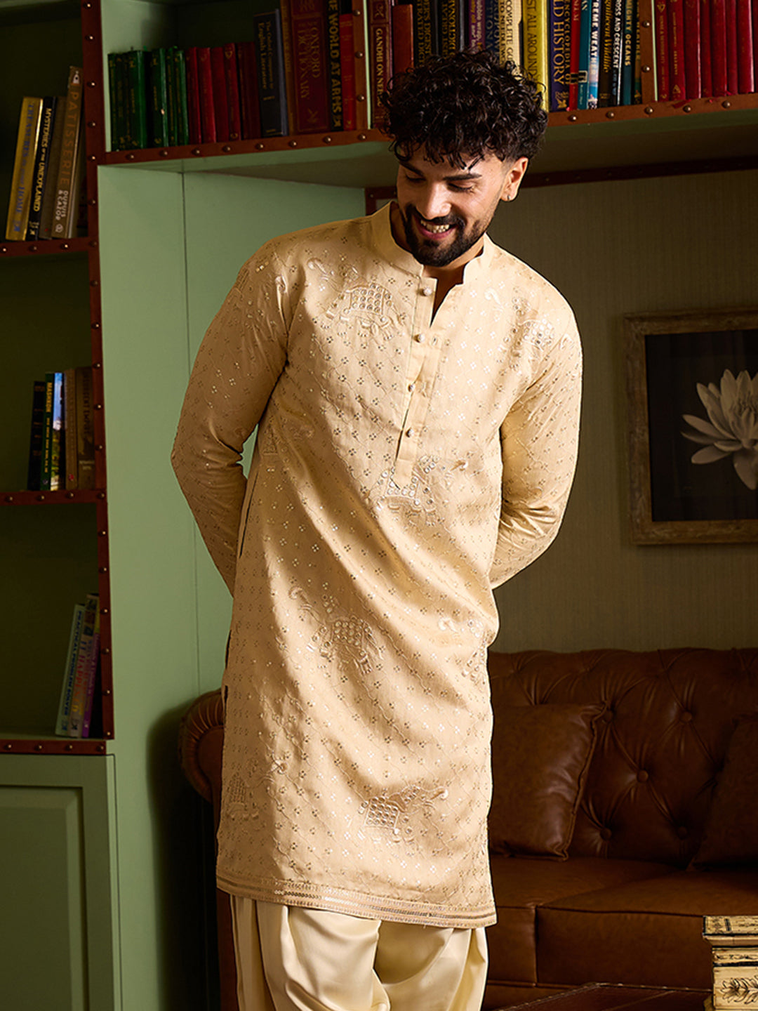 Men's Beige Self-Embroidered Festive Kurta