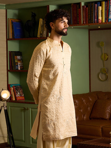 Men's Beige Self-Embroidered Festive Kurta