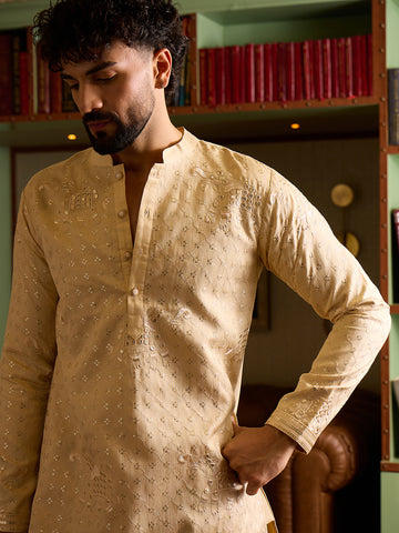 Men's Beige Self-Embroidered Festive Kurta
