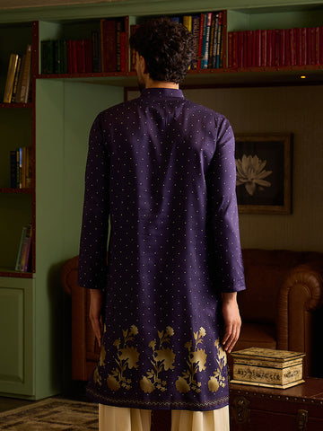 Men's Royal Purple Printed Kurta with Gold Floral Border
