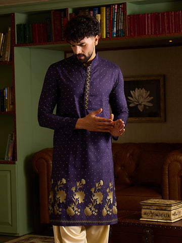 Men's Royal Purple Printed Kurta with Gold Floral Border