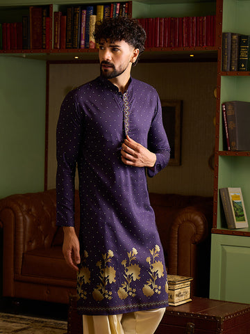Men's Royal Purple Printed Kurta with Gold Floral Border