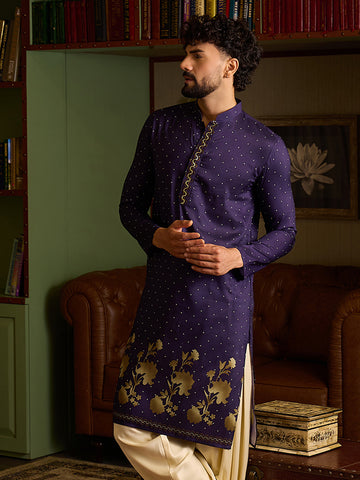 Men's Royal Purple Printed Kurta with Gold Floral Border