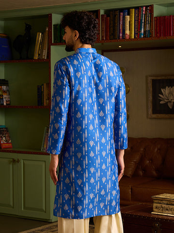 Royal Blue Ikat Print Silk Blend Men's Kurta