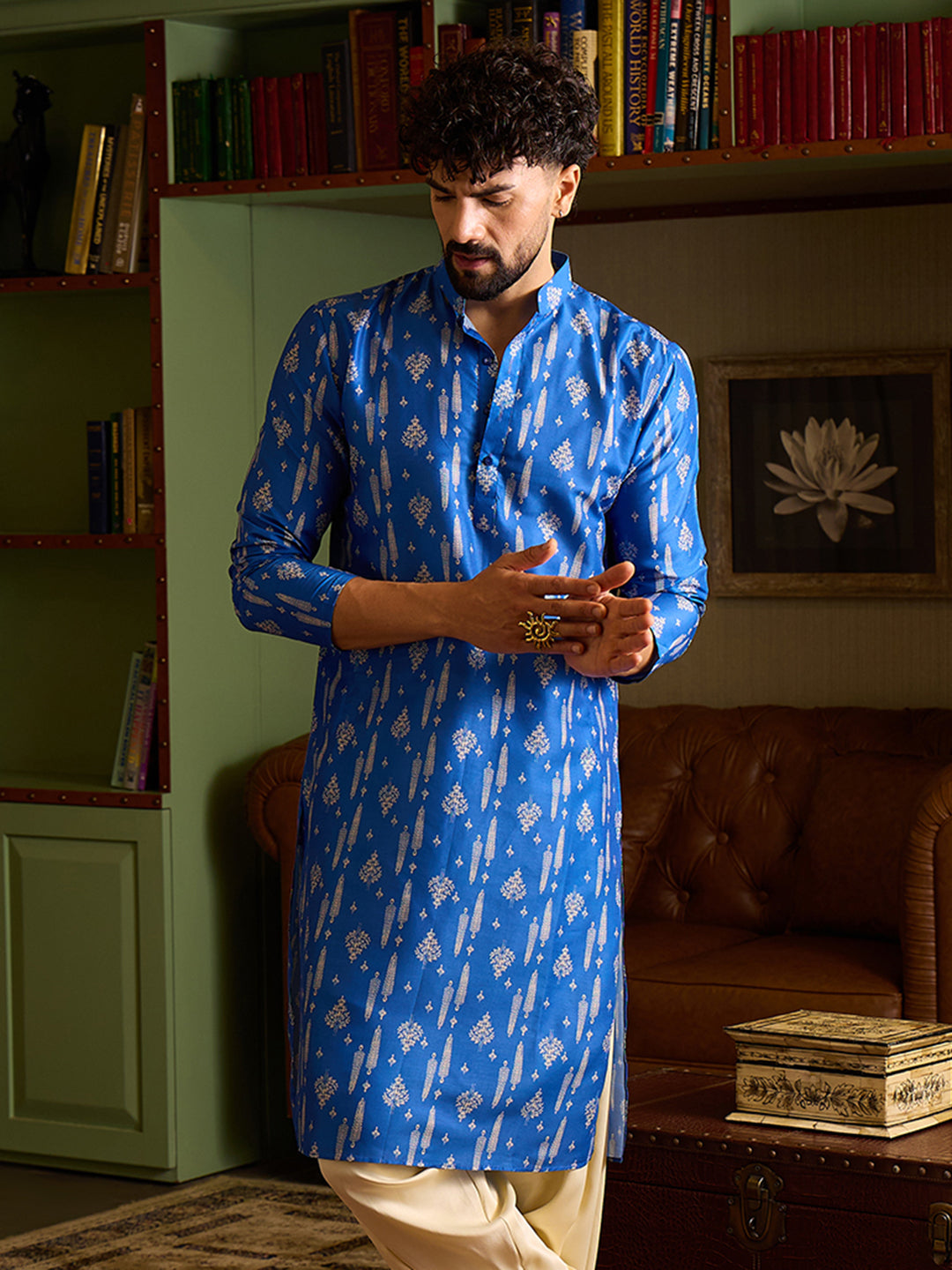 Royal Blue Ikat Print Silk Blend Men's Kurta
