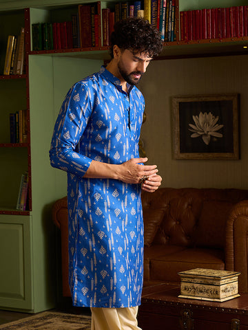 Royal Blue Ikat Print Silk Blend Men's Kurta