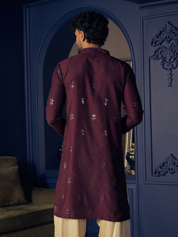 Deep Wine Embroidered Silk Kurta for Men