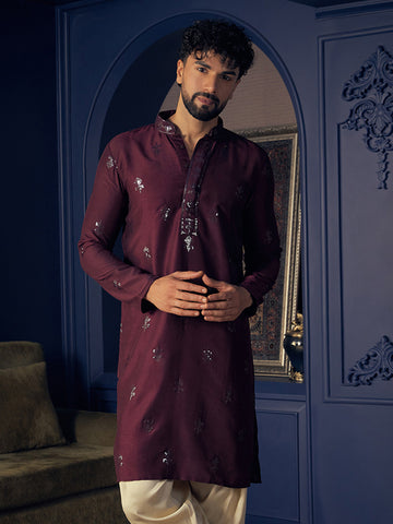 Deep Wine Embroidered Silk Kurta for Men