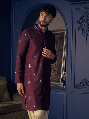 Deep Wine Embroidered Silk Kurta for Men