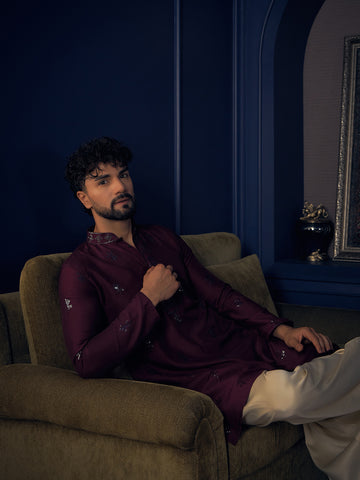 Deep Wine Embroidered Silk Kurta for Men