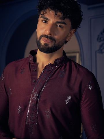 Deep Wine Embroidered Silk Kurta for Men