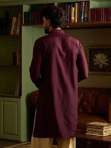 Men's Maroon Embroidered Silk Kurta