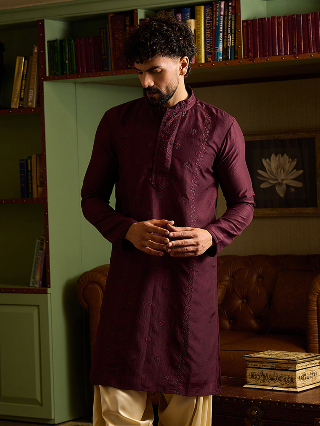 Men's Maroon Embroidered Silk Kurta