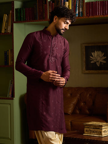 Men's Maroon Embroidered Silk Kurta