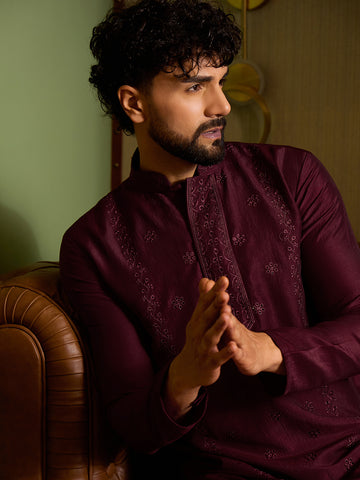 Men's Maroon Embroidered Silk Kurta