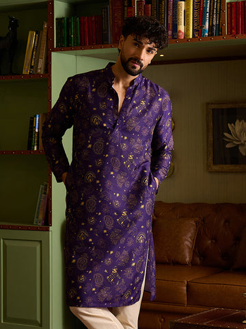 Royal Purple & Gold Printed Men's Kurta