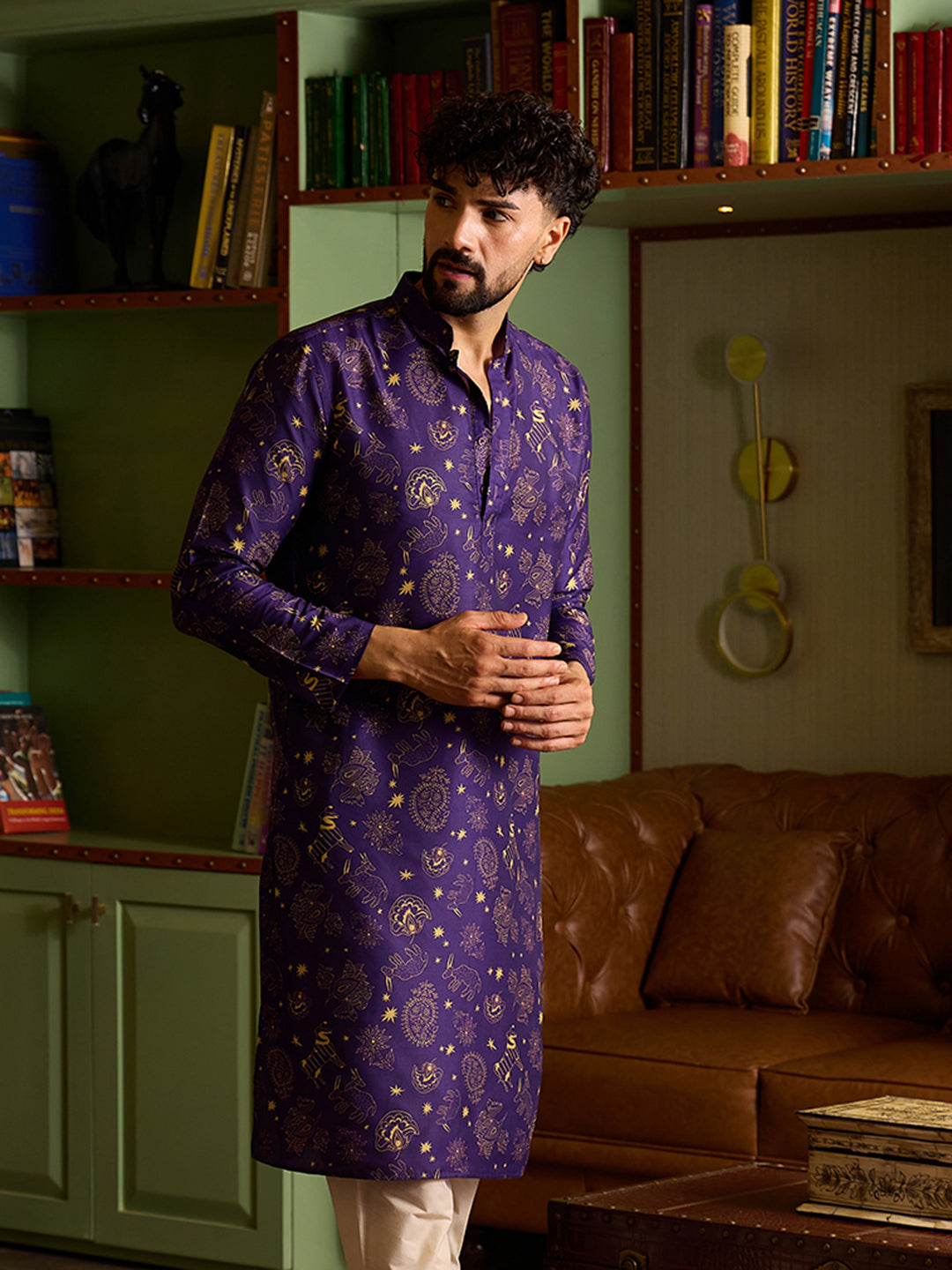 Royal Purple & Gold Printed Men's Kurta
