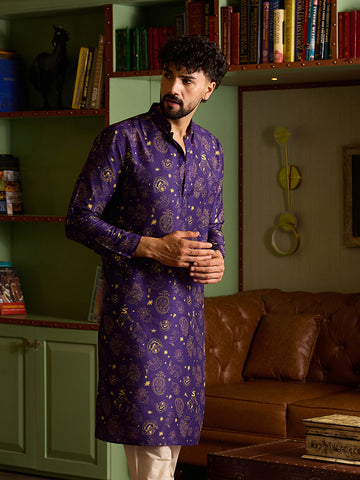 Royal Purple & Gold Printed Men's Kurta