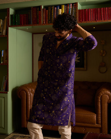 Royal Purple & Gold Printed Men's Kurta