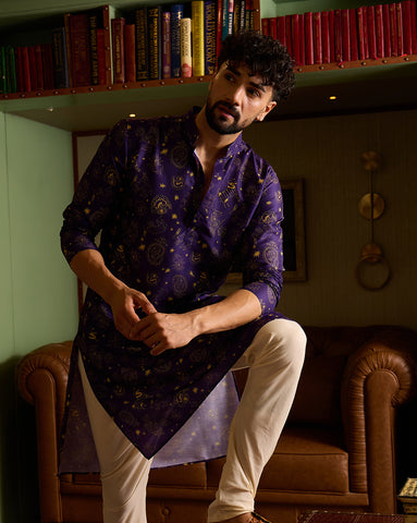 Royal Purple & Gold Printed Men's Kurta
