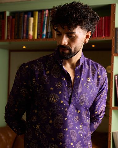 Royal Purple & Gold Printed Men's Kurta