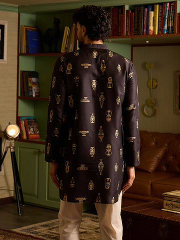 Men's Premium Black & Gold Greek Vase Motif Printed Kurta