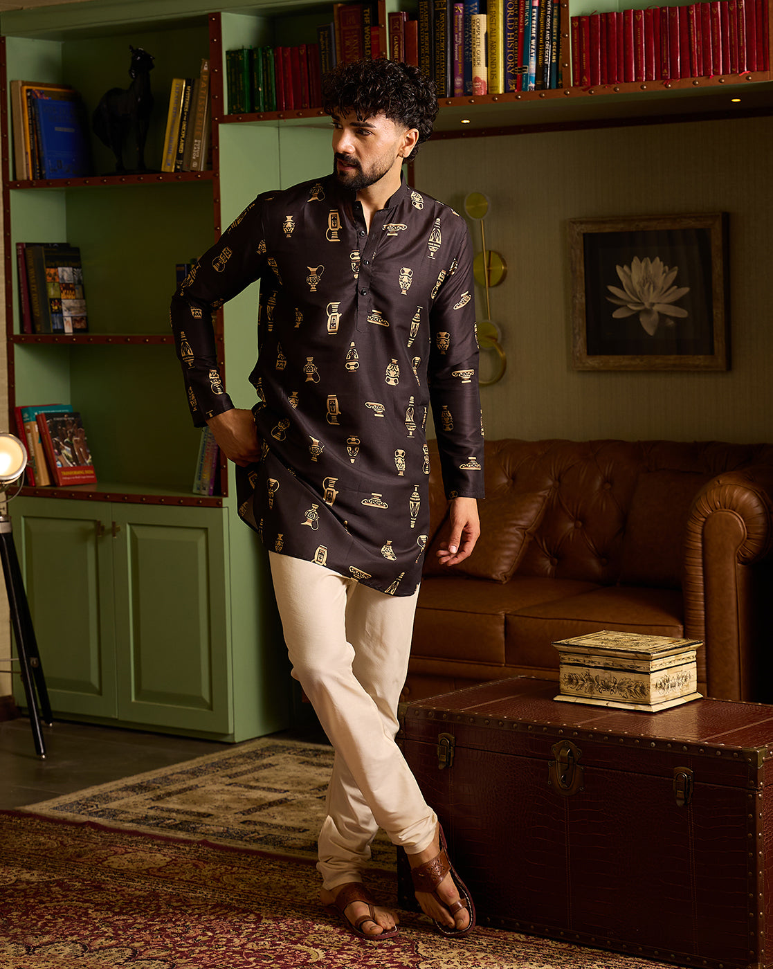 Men's Premium Black & Gold Greek Vase Motif Printed Kurta