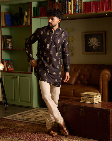Men's Premium Black & Gold Greek Vase Motif Printed Kurta