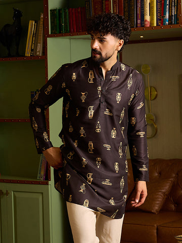 Men's Premium Black & Gold Greek Vase Motif Printed Kurta