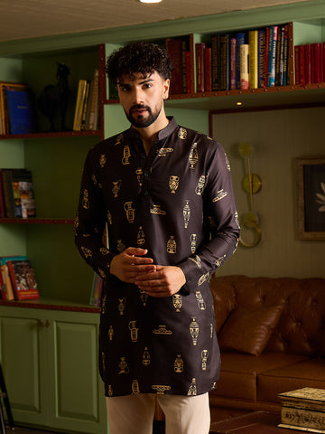 Men's Premium Black & Gold Greek Vase Motif Printed Kurta