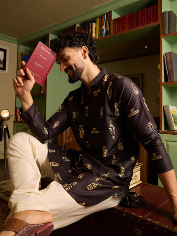 Men's Premium Black & Gold Greek Vase Motif Printed Kurta