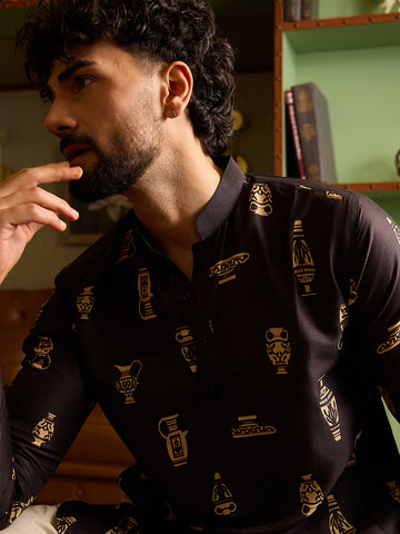 Men's Premium Black & Gold Greek Vase Motif Printed Kurta