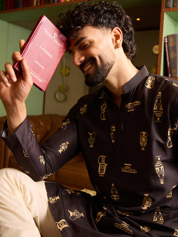 Men's Premium Black & Gold Greek Vase Motif Printed Kurta