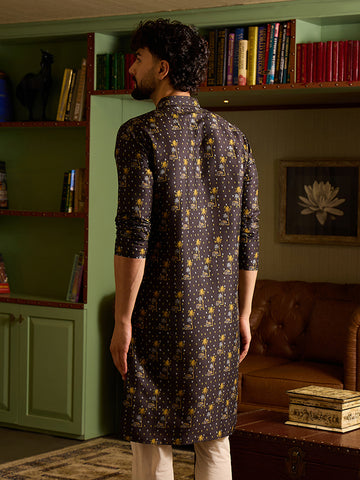 Men's Charcoal Black Printed Kurta with Mandarin Collar