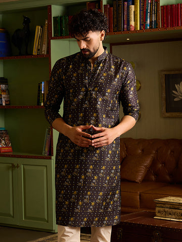 Men's Charcoal Black Printed Kurta with Mandarin Collar