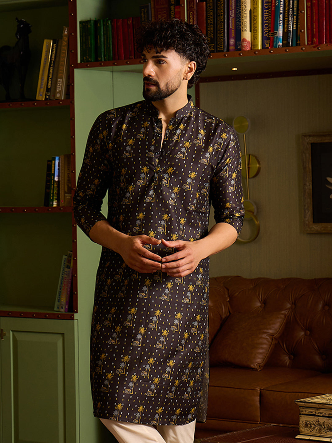 Men's Charcoal Black Printed Kurta with Mandarin Collar