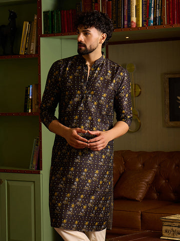 Men's Charcoal Black Printed Kurta with Mandarin Collar