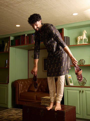 Men's Charcoal Black Printed Kurta with Mandarin Collar