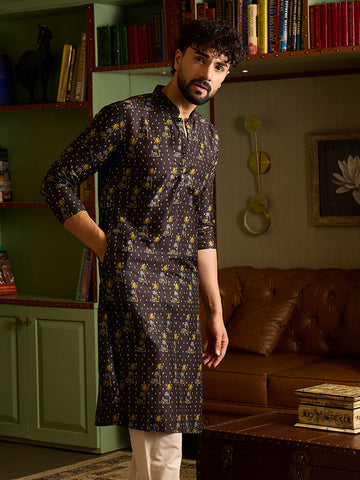 Men's Charcoal Black Printed Kurta with Mandarin Collar